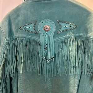 Scully Western Turquoise Leather Vintage Fringe Beaded Jacket Women’s L